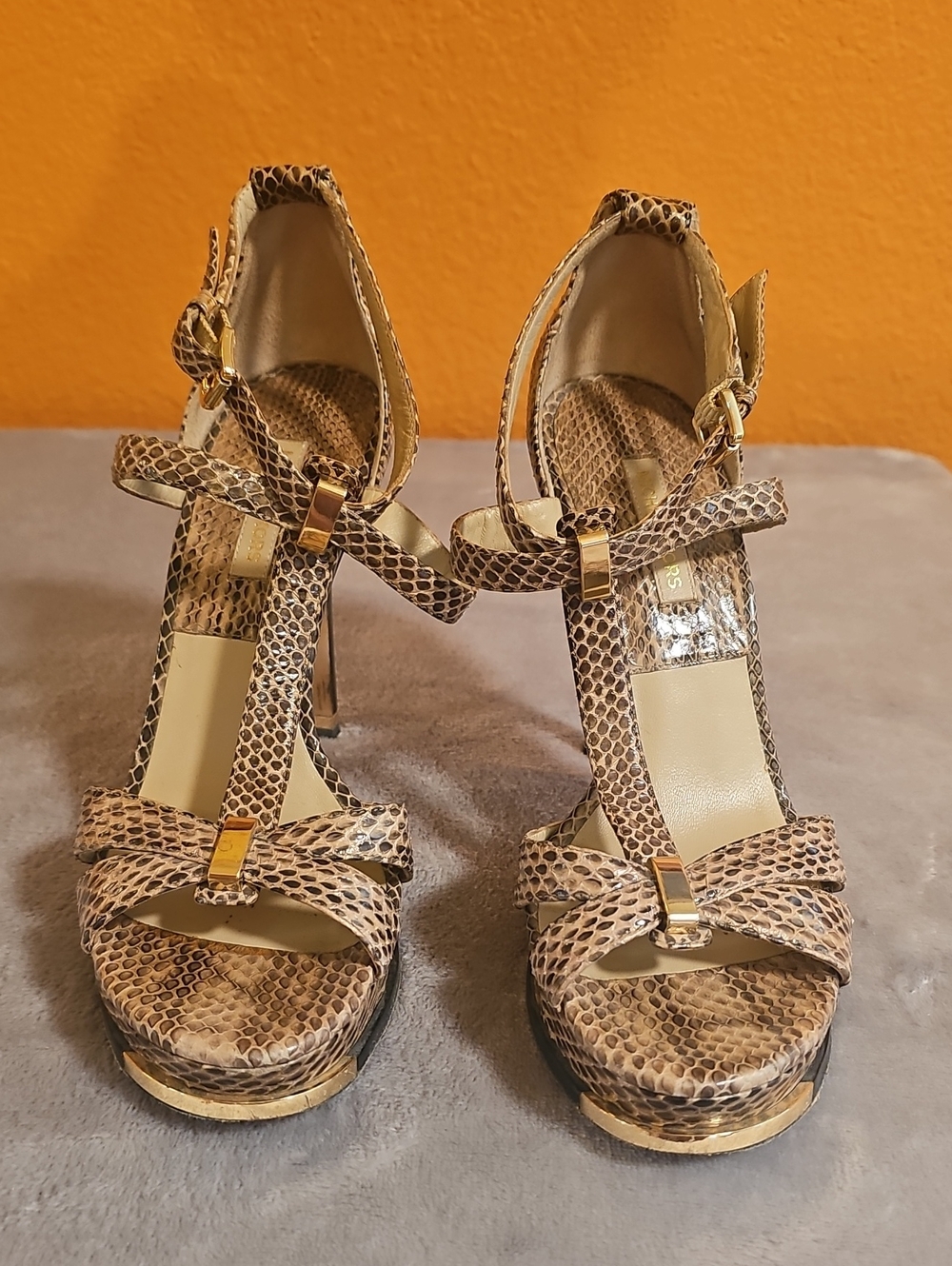 Stunning! Michael Kors Snake-Print LeathPlatform Heels with Gold Accents - Brown